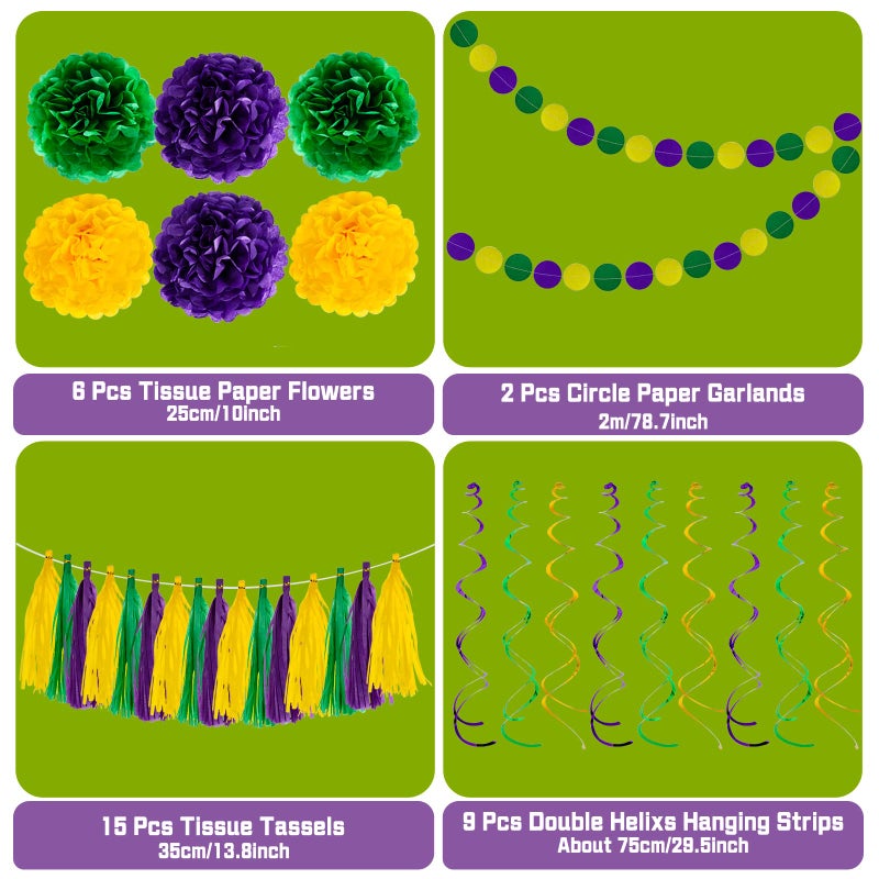 Lansian 32PCS Mardi Gras Decorations Party Favors Supplies, Mardi Gras Decor Props Backdrop, Hanging Swirl Tissue Paper Pom Poms Garland Flowers for Birthday Baby Shower - Image 3